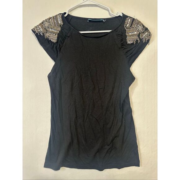Alice + Olivia Tops - Alice + Olivia Black Embellished Shoulder Tee Top Cap Sleeve Beaded
